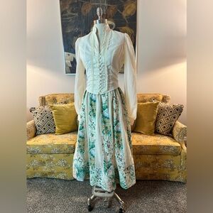 Mint Green Floral Bishop Sleeve Mandarin Collar Midi Top Skirt Set Medium